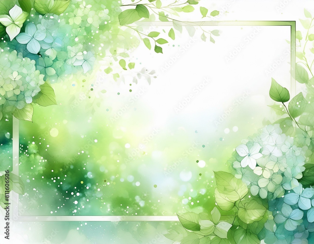 Fototapeta premium 水彩テイストの緑の紫陽花のフレーム