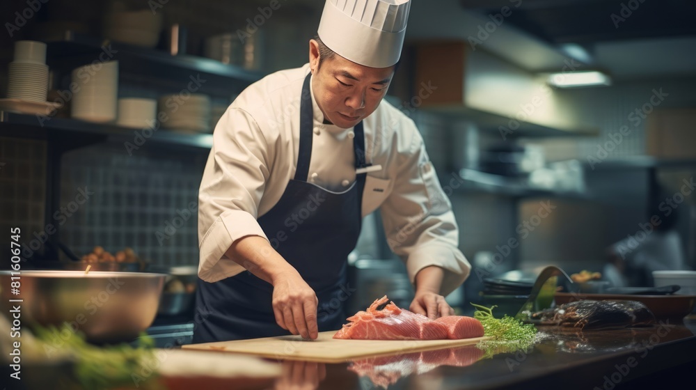 professional chef of a Japanese restaurant makes a traditional red fish fillet dish in the restaurant kitchen.