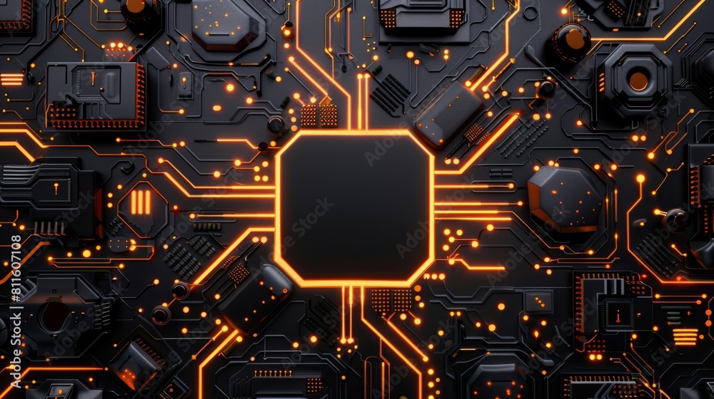 Black circuit board with orange elements. The concept of modern technologies. Technological background
