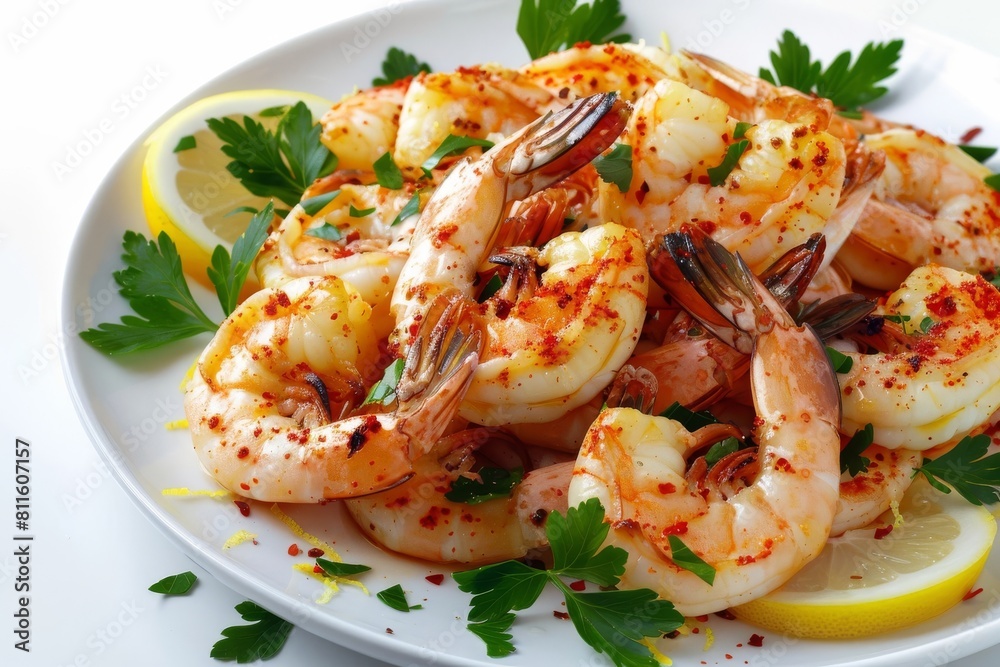 Tantalizing Spicy Garlic Shrimp on White Plate Tantalizing Spicy Garlic Shrimp on White Plate