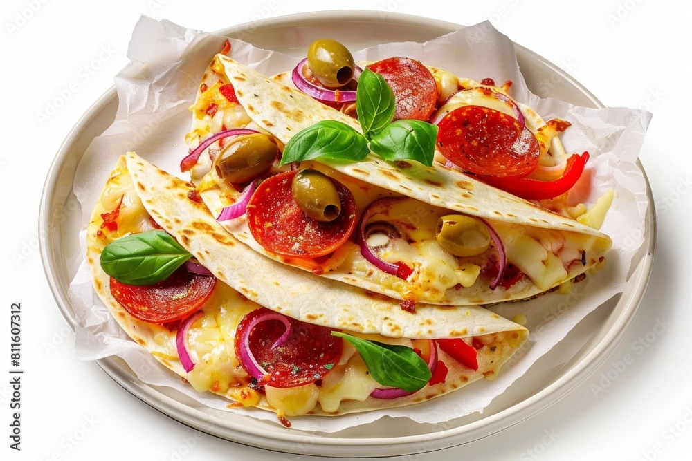 Heavenly 4 Cheese Pepperoni Pizzadilla with Red Bell Peppers and Fresh Basil Heavenly 4 Cheese Pepperoni Pizzadilla with Red Bell Peppers and Fresh Basil