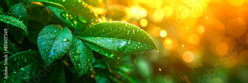 Close up of green with rain drops at bright sunlight background with boke, abstract summer time bannerfor desing © vasanty