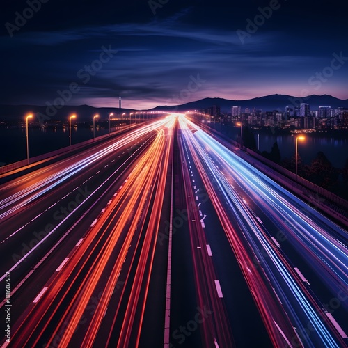 Highway at night with city lights in the background, long exposure. Generative AI.