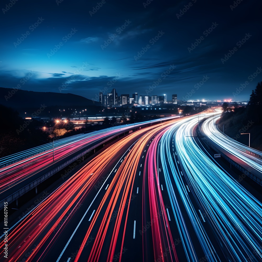 Highway at night with city lights in the background, long exposure. Generative AI. Highway at night with city lights in the background, long exposure. Generative AI.