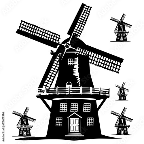 windmill, wind, mill, sky, old, building, architecture, landscape, agriculture, dutch, power, traditional, blue, farm, energy, rural, flour, mills, vector, wood, countryside, holland, sails, white, na