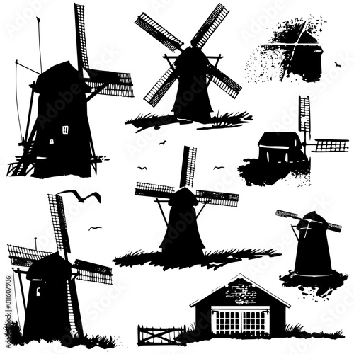windmill, wind, mill, sky, old, building, architecture, landscape, agriculture, dutch, power, traditional, blue, farm, energy, rural, flour, mills, vector, wood, countryside, holland, sails, white, na