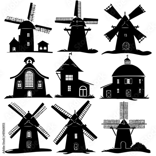 windmill, wind, mill, sky, old, building, architecture, landscape, agriculture, dutch, power, traditional, blue, farm, energy, rural, flour, mills, vector, wood, countryside, holland, sails, white, na