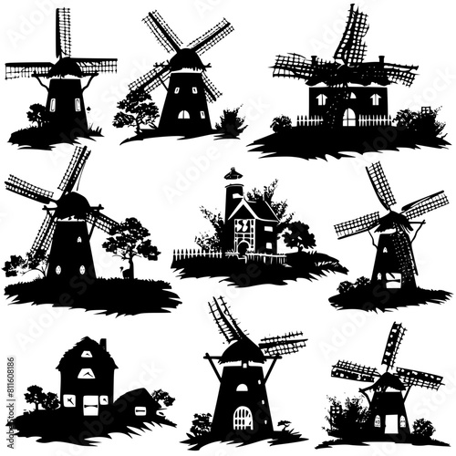 windmill, wind, mill, sky, old, building, architecture, landscape, agriculture, dutch, power, traditional, blue, farm, energy, rural, flour, mills, vector, wood, countryside, holland, sails, white, na