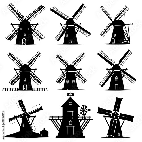 windmill, wind, mill, sky, old, building, architecture, landscape, agriculture, dutch, power, traditional, blue, farm, energy, rural, flour, mills, vector, wood, countryside, holland, sails, white, na