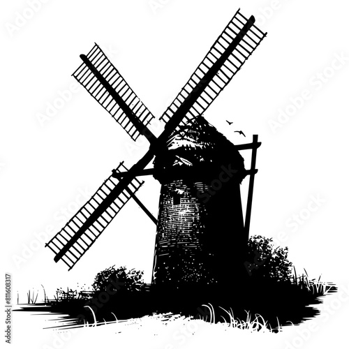 windmill, wind, mill, sky, old, building, architecture, landscape, agriculture, dutch, power, traditional, blue, farm, energy, rural, flour, mills, vector, wood, countryside, holland, sails, white, na