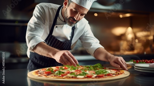The chef of the pizzeria decorates the finished large pizza with arugula and basil leaves. Chef preparing pizza in restaurant kitchen