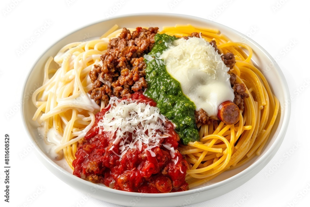 Three-Sauce Baked Spaghetti: Meat, Alfredo, and Pesto Fantasy Three-Sauce Baked Spaghetti: Meat, Alfredo, and Pesto Fantasy