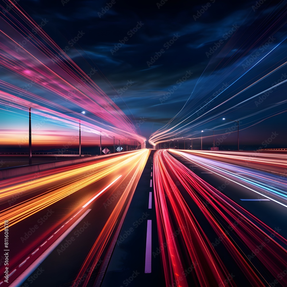 Highway at night with city lights in the background, long exposure. Generative AI. Highway at night with city lights in the background, long exposure. Generative AI.