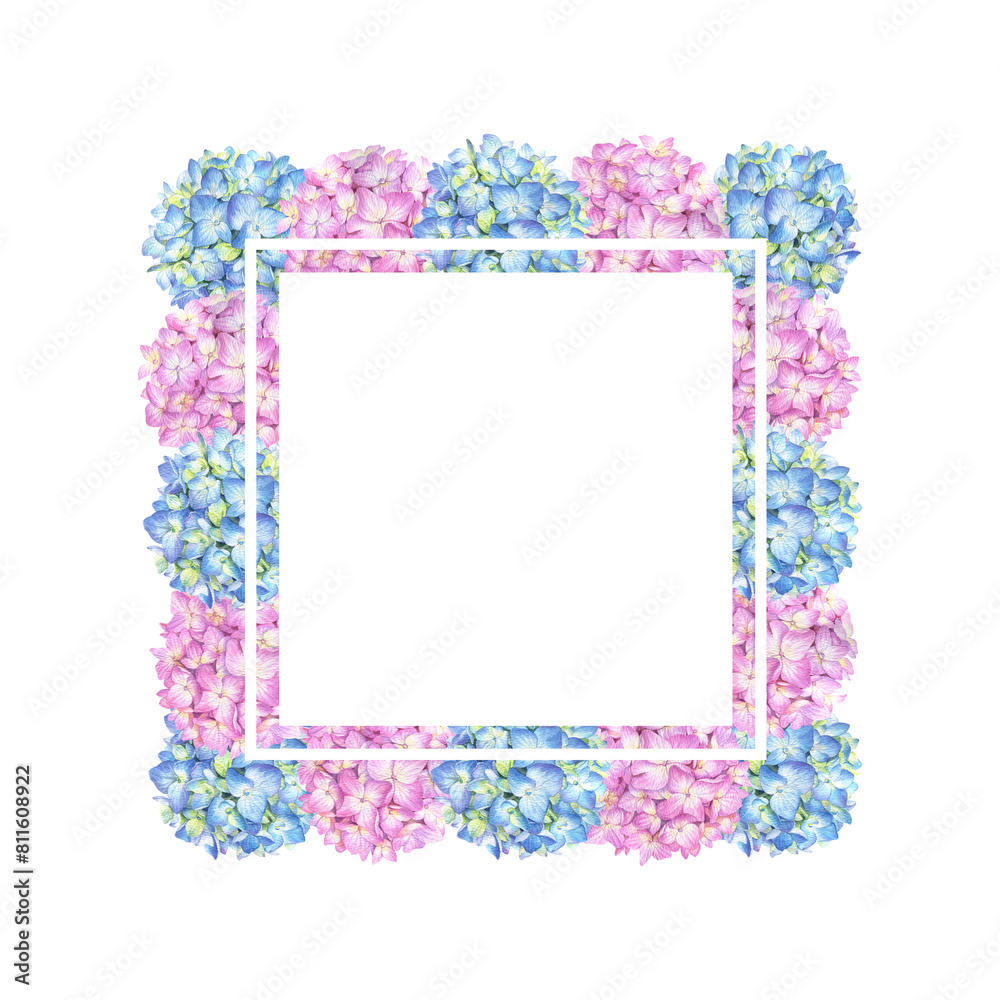 Wreath with blue and pink hydrangea on a white background. Watercolor illustration of summer flowers in botanical style. Wreath with blue and pink hydrangea on a white background. Watercolor illustration of summer flowers in botanical style.