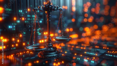 Using Generative Artificial Intelligence, the digital law concept shows a dualistic relationship between Judiciary, Jurisprudence, and Justice in the modern era. photo