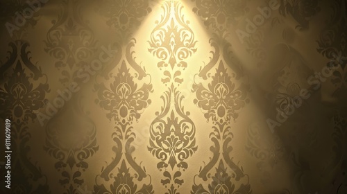 A beige patterned background with a spotlight shining down, creating an elegant and luxurious atmosphere.