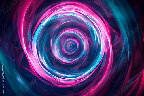Hypnotic neon spiral vortex in shades of pink and blue. Mesmerizing artwork on black background.