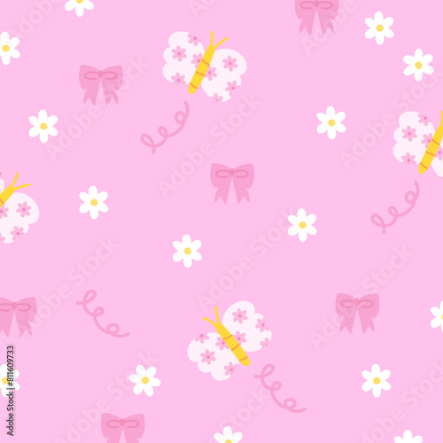 Illustration of butterfly, ribbons, flowers on a pastel pink background for floral print, girly pattern, kid clothes, gift wrap, packaging, fabric, wallpaper, backdrop, women textile, garment, dress