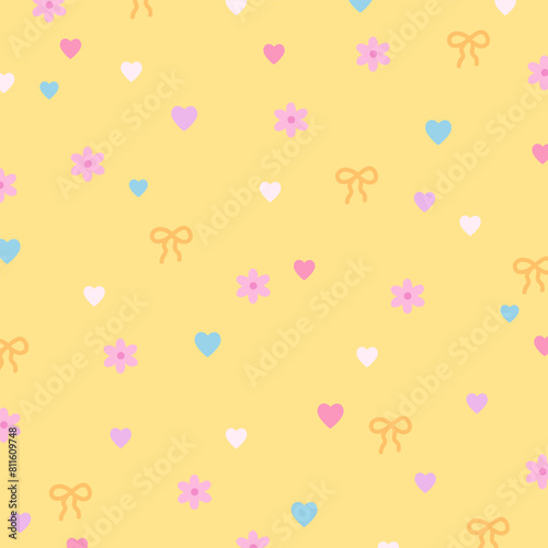 Illustration of heart, ribbons, flowers on a pastel yellow background for floral print, girly pattern, kid clothes, gift wrap, packaging, fabric, wallpaper, backdrop, women textile, garment, dress, ad
