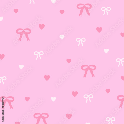Illustration of ribbons, hearts on a pastel pink background for Valentine card, print, girly pattern, kid clothes, gift wrap, packaging, fabric, wallpaper, backdrop, women textile, garment, dress, ads