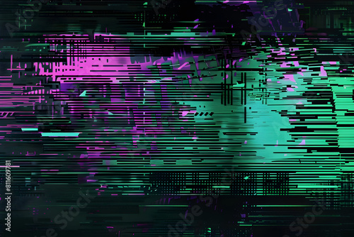 Neon futuristic digital glitch art with green and purple pixelated textures. Unique artwork on black background.