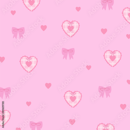 Illustration of pink ribbon, heart on a pastel pink background for Valentine card, print, girly pattern, kid clothes, gift wrap, packaging, fabric, wallpaper, backdrop, women textile, garment, dress