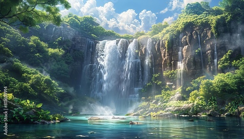 A majestic waterfall cascading over a cliff into a crystalclear pool surrounded by lush greenery