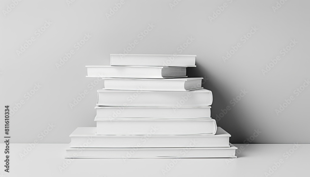A minimalist setting with a stack of white books, central in the image, surrounded by extensive copy space for a banner A minimalist setting with a stack of white books, central in the image, surrounded by extensive copy space for a banner