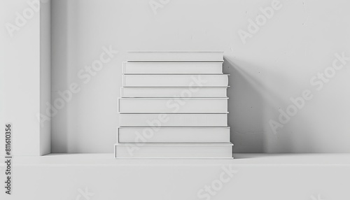 A minimalist setting with a stack of white books  central in the image  surrounded by extensive copy space for a banner