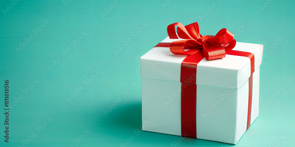 a white gift box with a red ribbon on a blue background, generative AI
