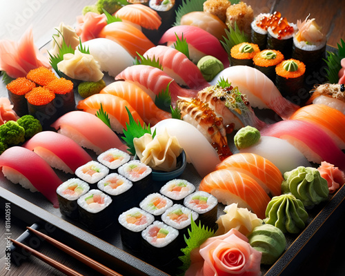 A sushi platter arranged on a wooden board showcasing a variety of sushi types and complemented by garnishes like pickled ginger wasabi and soy sauce.