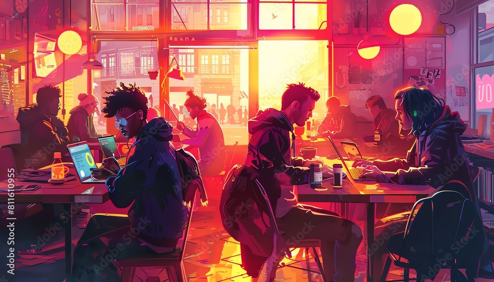 Illustrate a busy cafe where freelancers work on laptops while sipping coffee