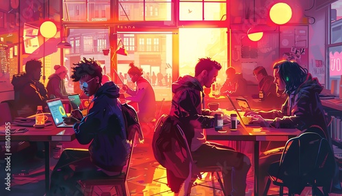 Illustrate a busy cafe where freelancers work on laptops while sipping coffee © Thanaseth