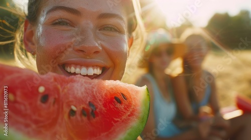 A woman is happily holding a slice of Citrullus, also known as watermelon, with a big smile on her face. The natural fruit is a tasty and refreshing food, perfect for a hot day AIG50
