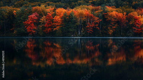 autumn trees reflected in water, dark shades