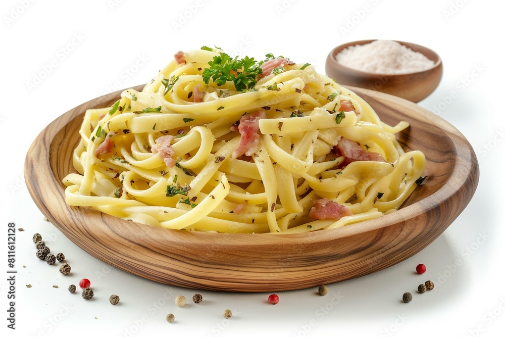 Delicious Pasta Carbonara Served on a Wooden Plate, Perfect for Italian Cuisine Lovers Delicious Pasta Carbonara Served on a Wooden Plate, Perfect for Italian Cuisine Lovers