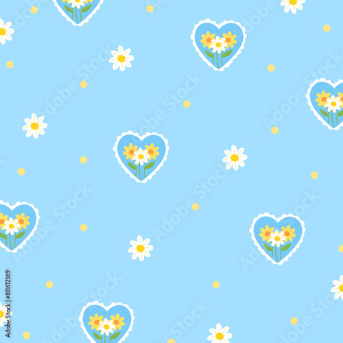 Illustration of flowers, heart on a pastel blue background for floral print, girly pattern, kid clothes, dress, gift wrap, packaging, fabric, wallpaper, backdrop, picnic, Valentine card, textile, ads