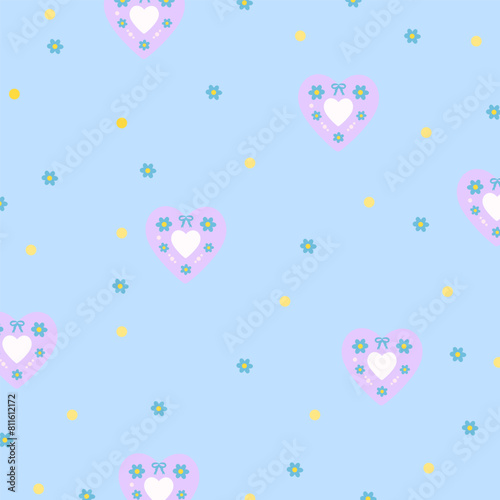 Illustration of flowers, heart on a pastel blue background for floral print, girly pattern, kid clothes, dress, gift wrap, packaging, fabric, wallpaper, backdrop, picnic, Valentine card, textile, ads