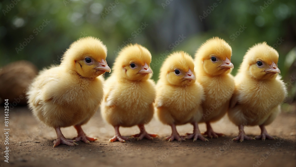 A group of chickens and chicks are standing together.