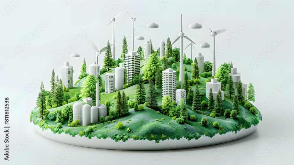 3D Cute Icon as Green Technology Innovation Showcase Concept Featuring Innovative Sustainable Technologies in Isometric Scene