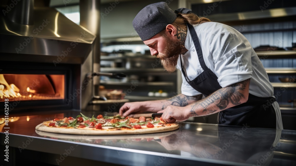 Chef preparing pizza in restaurant kitchen. The chef of the pizzeria decorates the finished large pizza with arugula and basil leaves.