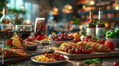 Food and Drink Appetizing Display  A 3D copy space background featuring a visually appealing arrangement of food and drink