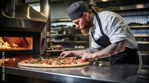 Chef preparing pizza in restaurant kitchen. The chef of the pizzeria decorates the finished large pizza with arugula and basil leaves.