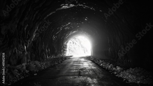 Dark and mysterious tunnel with a bright light at the end