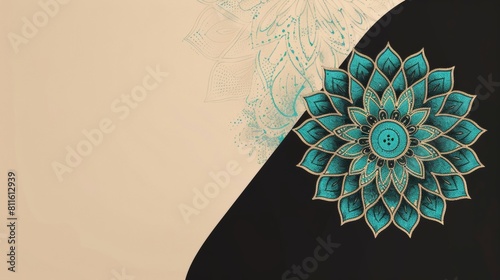 A minimalistic turquoise mandala in the corner of an empty black and beige background, in the style of a vector illustration. photo
