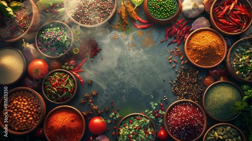 Food and Drink International Flavors: A 3D copy space background featuring a diverse range of international flavors