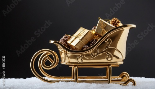 Christmas sleigh, filled with Christmas gifts on a snow surface with black background 