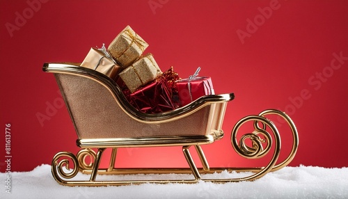 Christmas spirit captured in a festive image of a gold sleigh overflowing with gifts