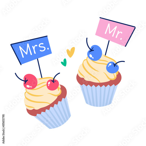 Premium flat sticker of wedding cupcakes 