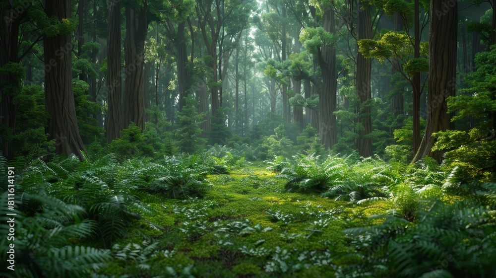Nature and Landscapes Forest: A 3D copy space background showcasing a dense forest scene